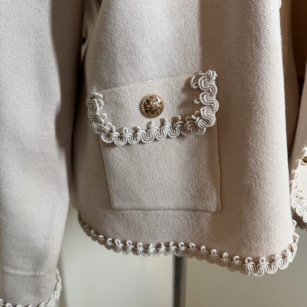 Sioni Women’s Open Front Knit Jacket with Trim Double Button in Winter White - Picture 6 of 12